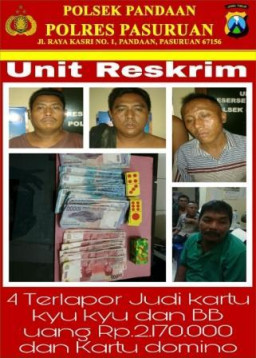Empat Penjudi Kyu Kyu di Gulung Petugas Unit Reskrim Polsek Pandaan.