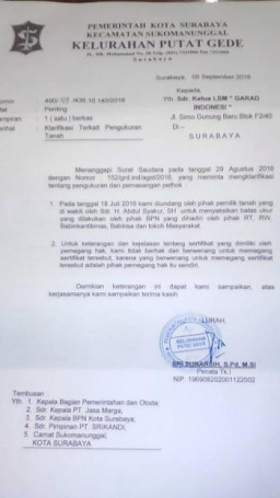 Bila Terbukti Lahan Milik Jasa Marga, Lurah Putat Gede Wajib di Copot