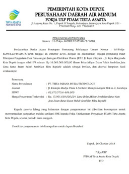 Perusahaan Sewa Menang Lelang Rp. 15,9 Miliar, di Proyek PDAM Depok