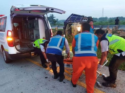 Truck Fuso Bermutatan Jeruk Terguling di Tol Gempas, Sopir Tewas Seketika.