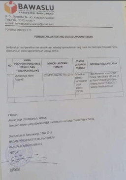 Terkait Laporan Dugaan Money Politik, Helmi Tuding Bawaslu Banyuwangi Tidak Profesional.