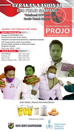Catat! Tekan Sebaran Covid-19, Ormas Projo Sampang Akan Gelar Vaksinasi Massal