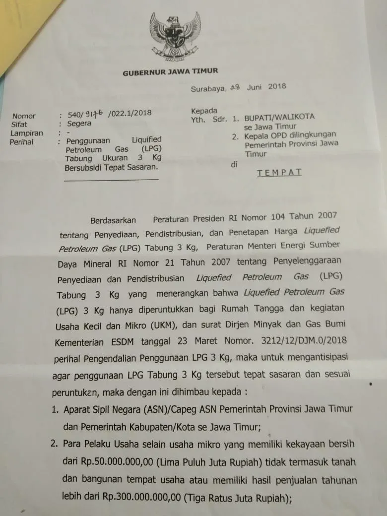 Gubernur Jatim Terbitkan Surat Keputusan, ASN di Himbau Tidak Beli LPG Subsidi 3Kg 