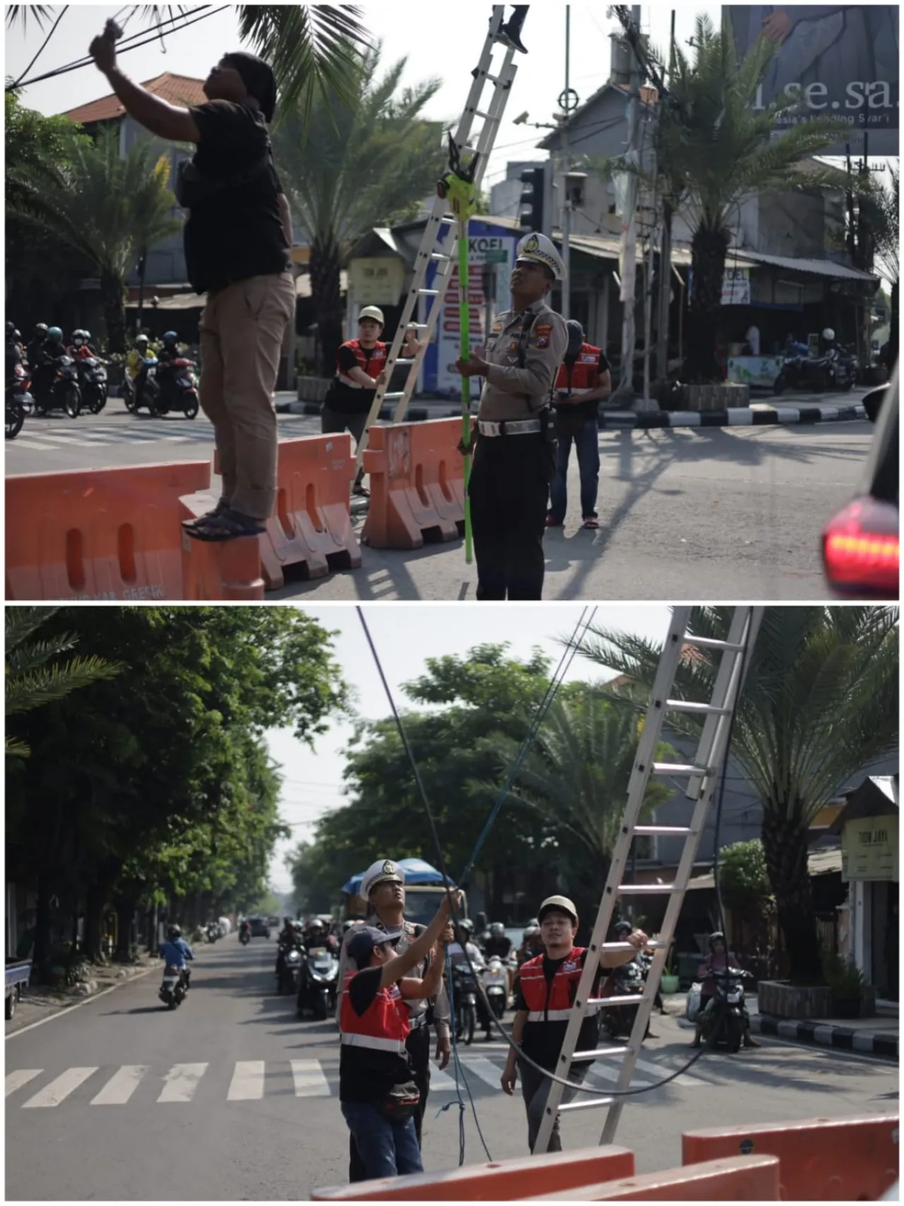 Sat Lantas Polres Gresik Sigap Tangani Putusnya Kabel Listrik di Simpang 4 Kebomas