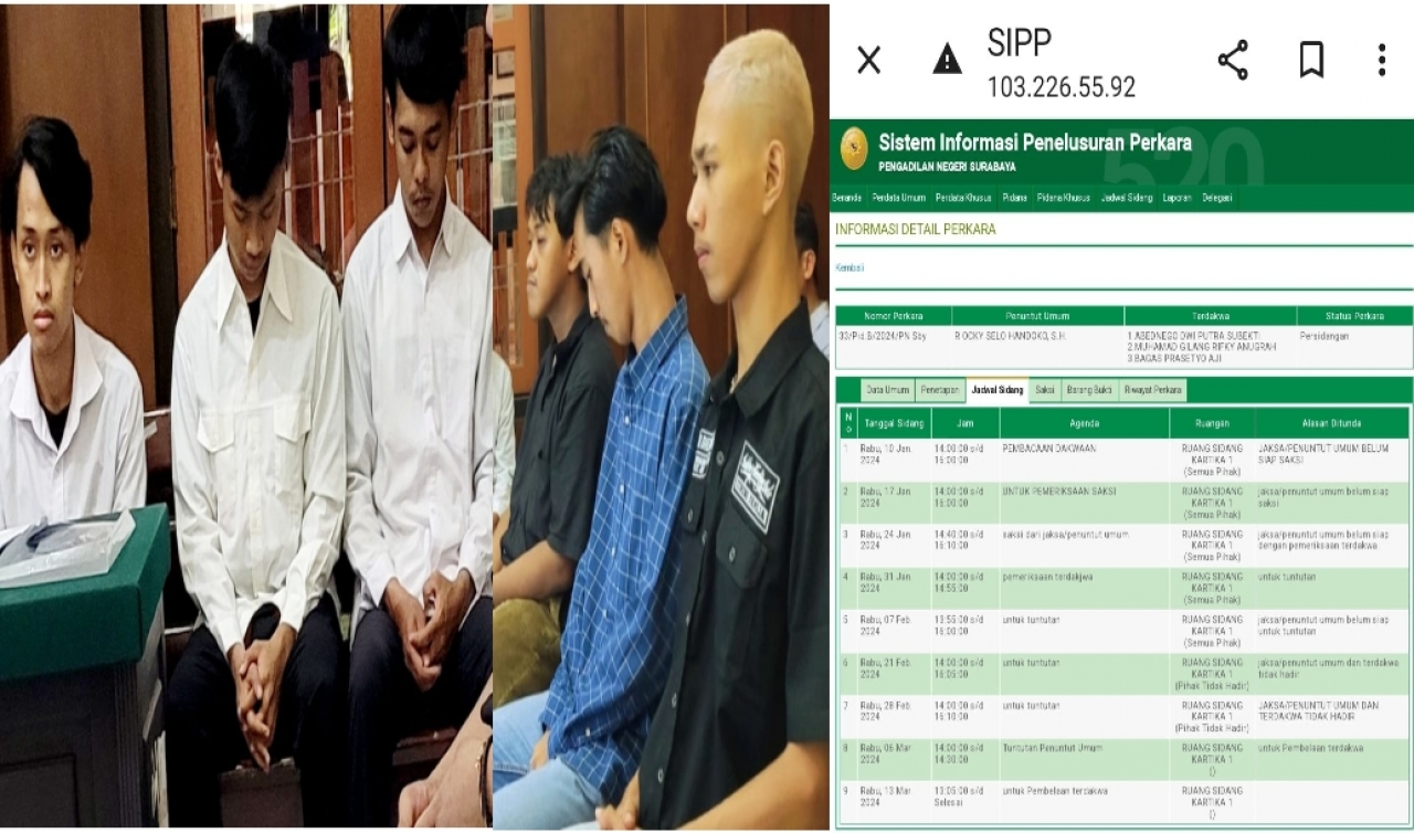 Pengeroyok AD, MG dan BP Sudah Dituntut Tak Terbaca di SIPP PN Surabaya, Langsung Agenda Pembelaan
