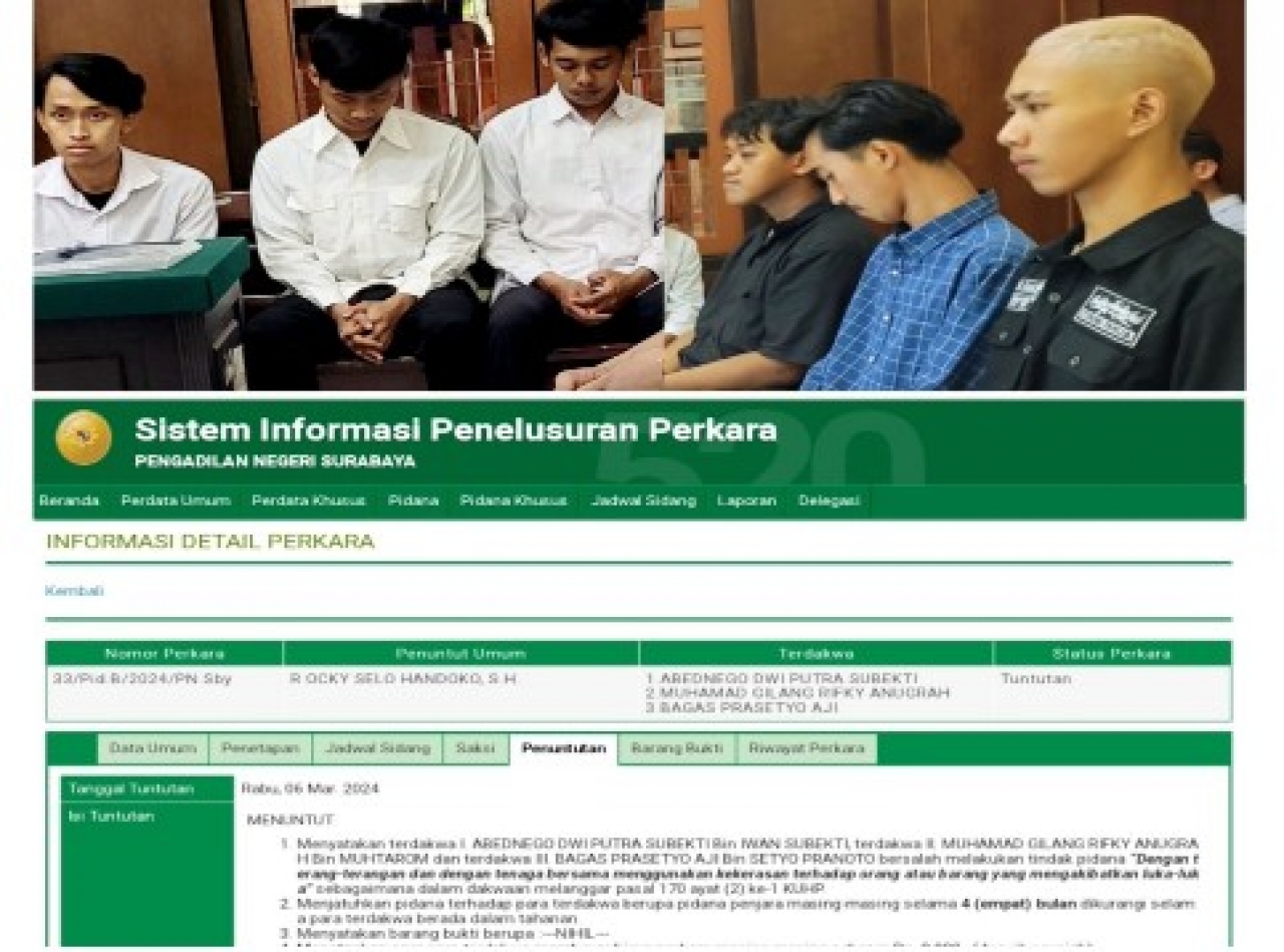 3 Pengeroyok di Cafe, Ab, DP dan GR Tak Ditahan, Dituntut 4 Bulan Bui, Tuntutan telah Terbaca di SIPP PN Surabaya