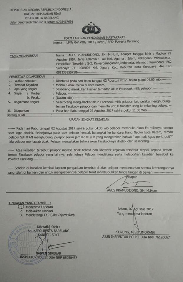 Akun FB Pengacara Kawakan di Bobol Orang, Agus Pramudijono Segara Lapor Polisi.