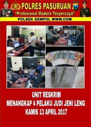 Polsek Gempol Tangkap 4 Penjudi Kartu Remi