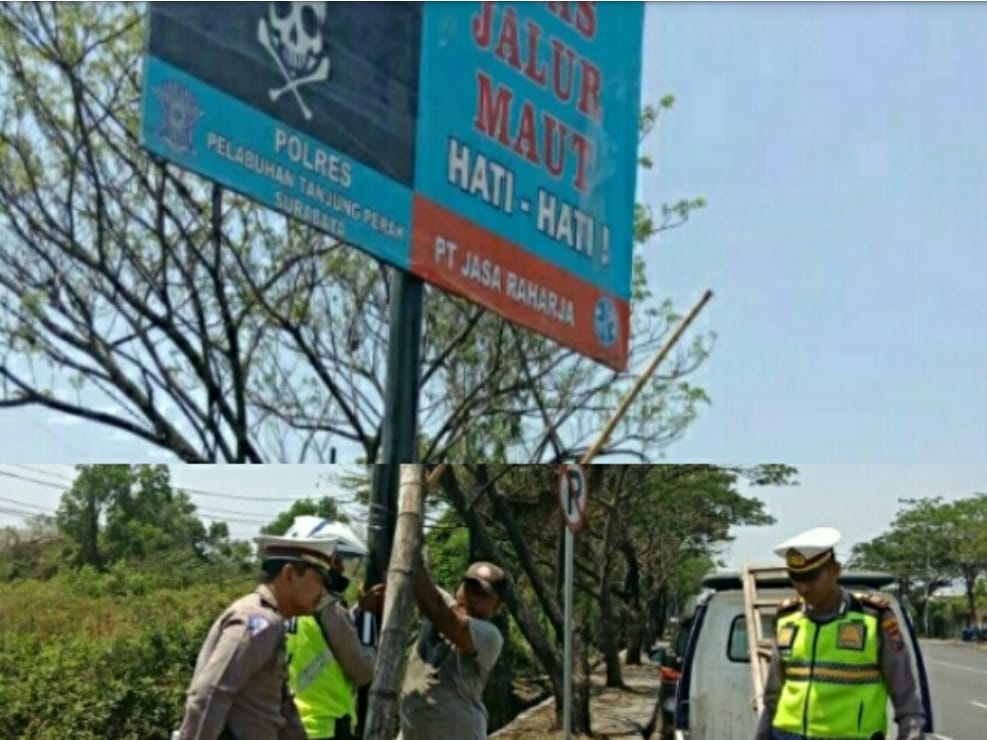 Kasat Lantas Polres Tanjung Perak, Pasang Papan Peringatan di Jalur Tengkorak.