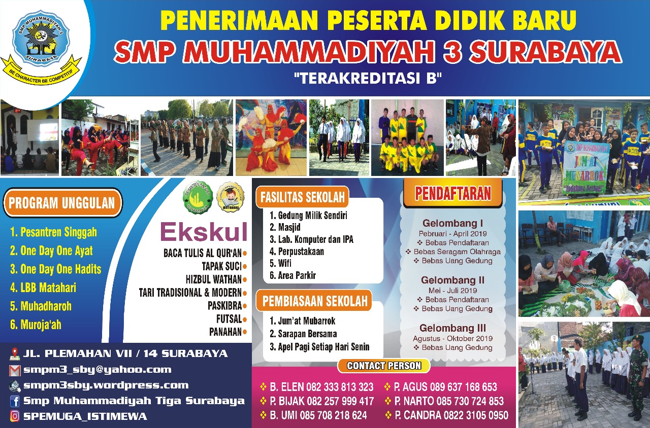 SMP Muhamadiyah 3 SURABAYA Bebaskan Biaya Pendaftaran, Seragam dan Gedung Pada Pendaftar Tahap I