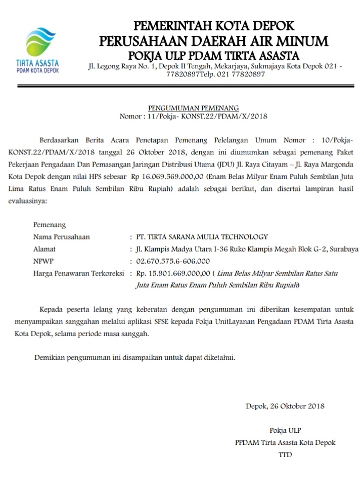 Perusahaan Sewa Menang Lelang Rp. 15,9 Miliar, di Proyek PDAM Depok