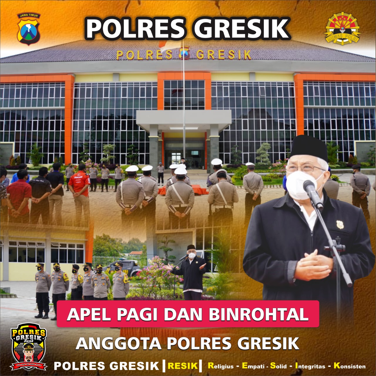 Usai Apel Pagi, Anggota Polres Gresik Laksanakan Binrohtal, di Halaman Mapolres Gresik Baru.