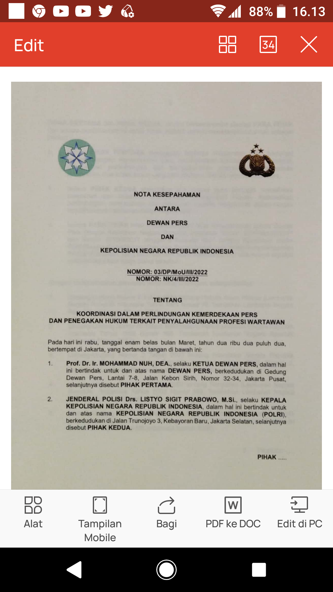 Dewan Pers Bersama Polri Tandatangani Nota Kesepahaman Kebebasan Pers